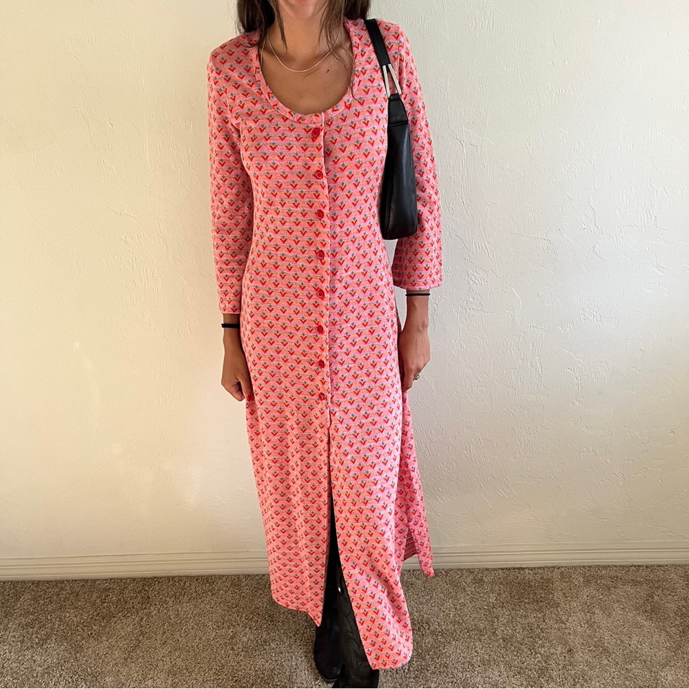 Vintage 1970s Loungees Printed Maxi Dress House Coat Loungewear